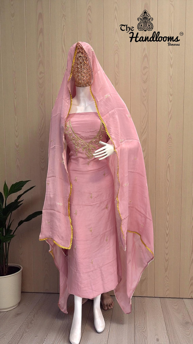 Elegant Silk Dress with– Adorned with Gota Patti, Moti, Katdana & Zardozi Handwork - The Handlooms