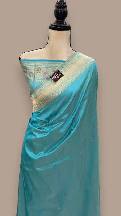 Pure Katan Silk Banarasi Handloom Saree - Plain With Meena Border