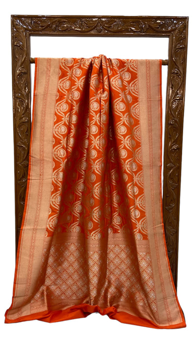 Orange Pure Katan Silk Banarasi Handloom Saree - All over Sona Roopa Jaal work