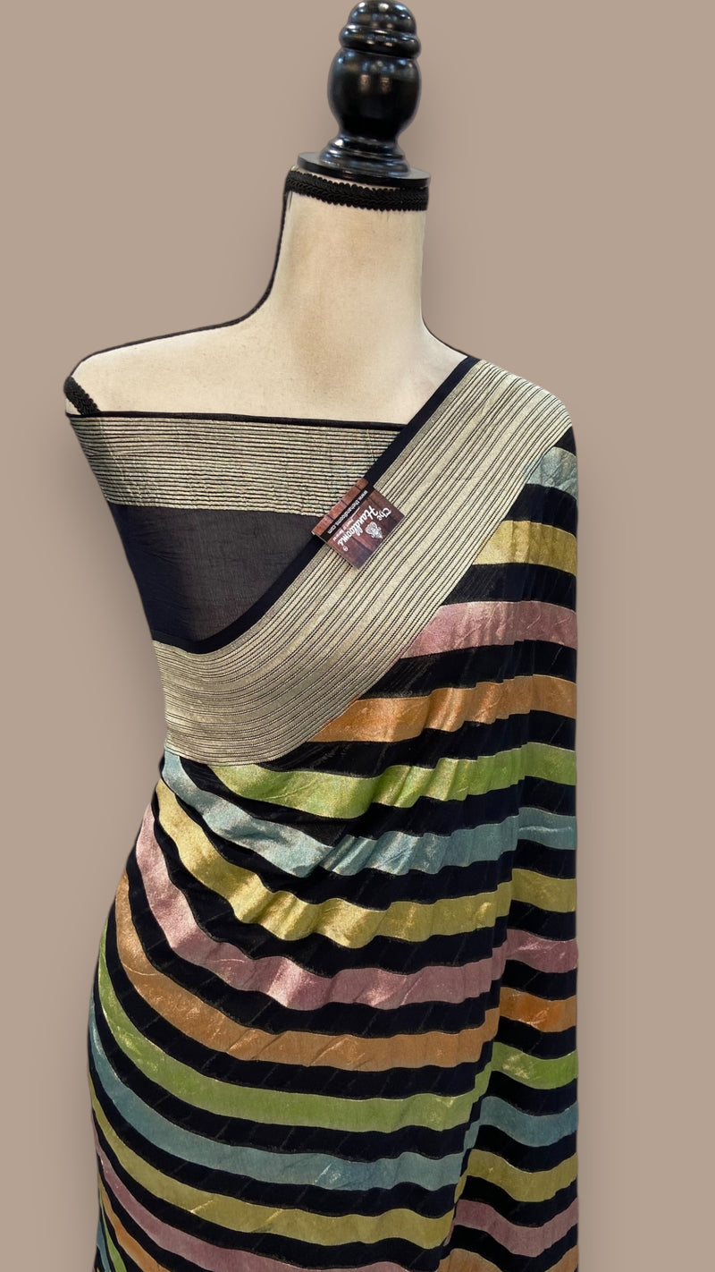 Black Pure Khaddi Georgette Handloom Banarasi Saree - The Handlooms