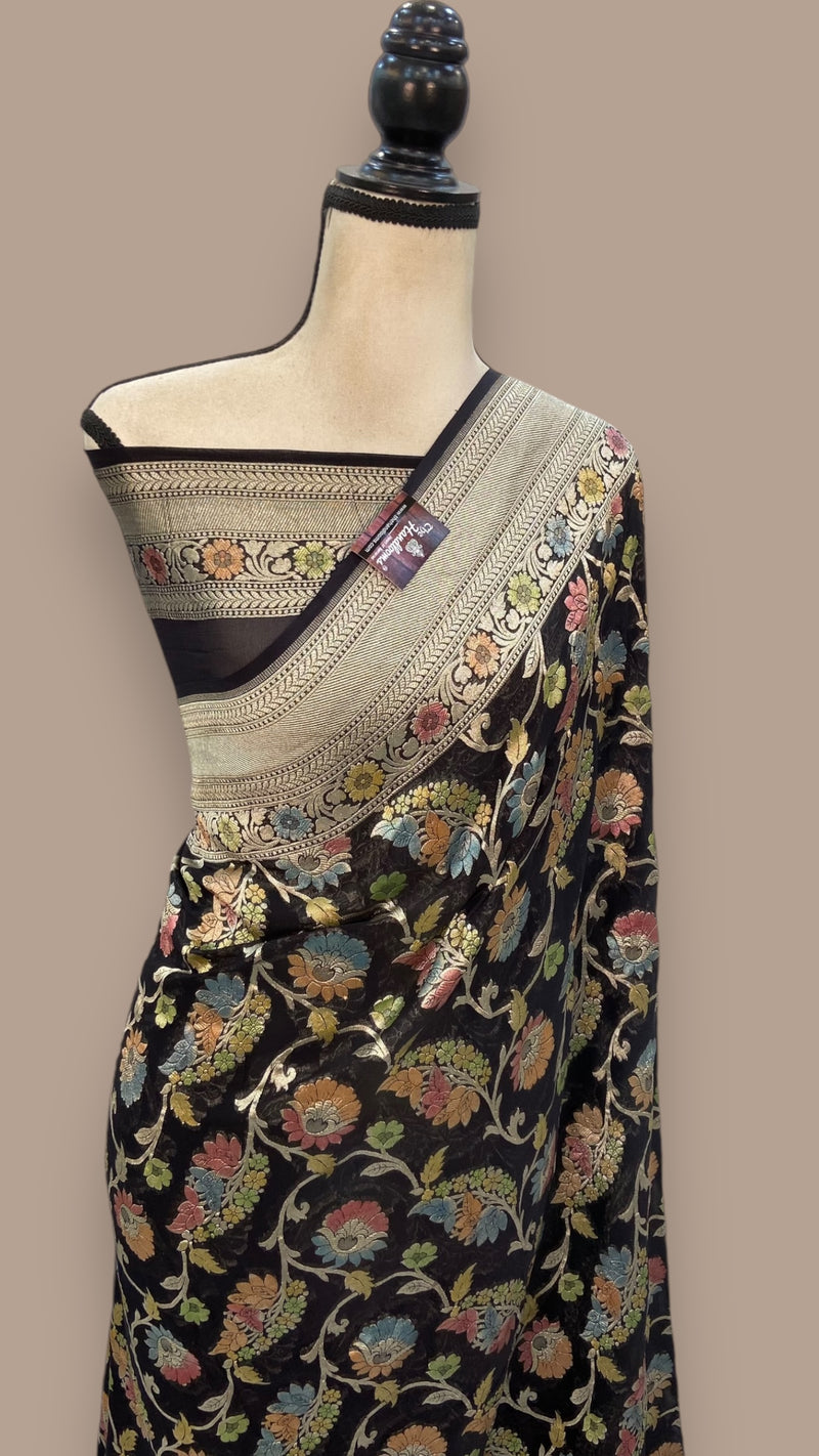 Black Khaddi Georgette Handloom Banarasi Saree - The Handlooms