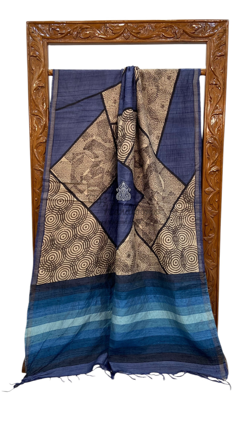 Pure Tussar Silk Handloom Banarasi Saree With Handprints - The Handlooms