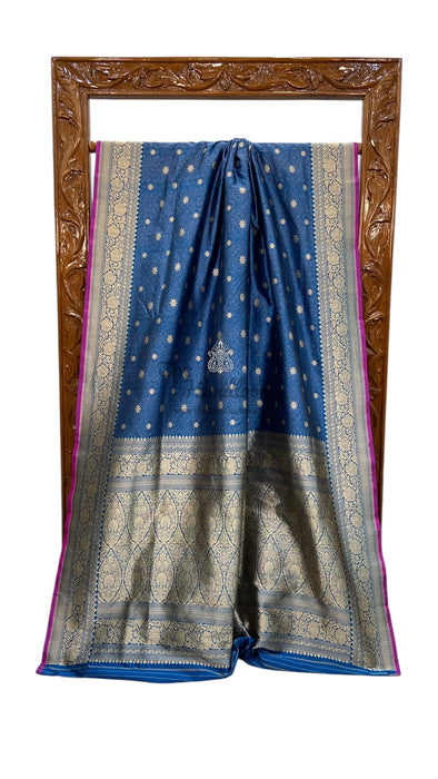 German Blue Pure Katan Silk Banarasi Handloom Saree - Tanchui Brocade