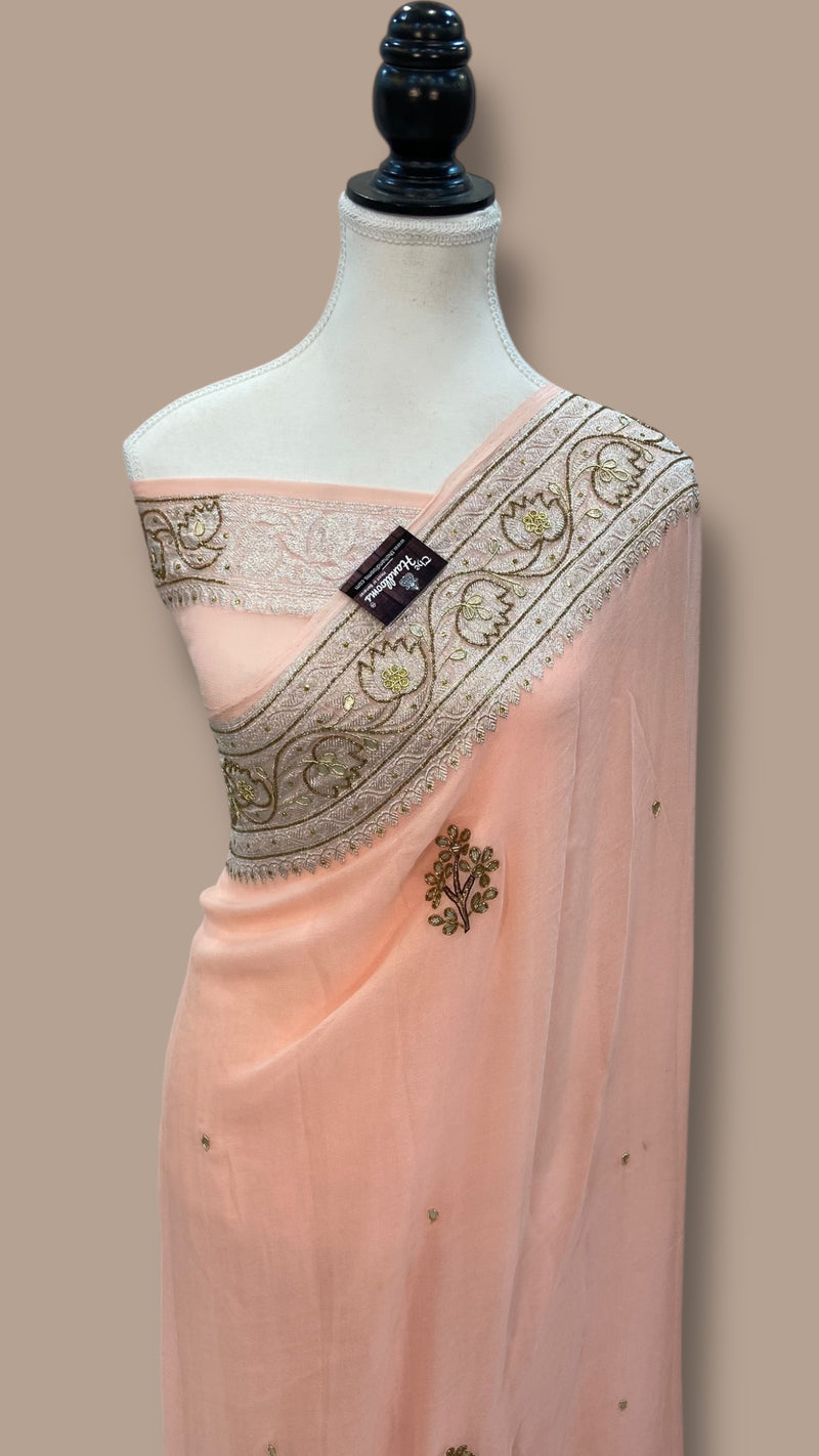 Pure Georgette Handloom Banarasi Saree with Handwork: Gota Patti, Zardozi, Diamond Chain, Katdana, and Abla Detailing - The Handlooms