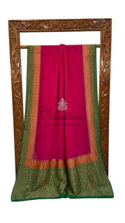 Hot Pink Pure Khaddi Georgette Handloom Banarasi Saree - The Handlooms