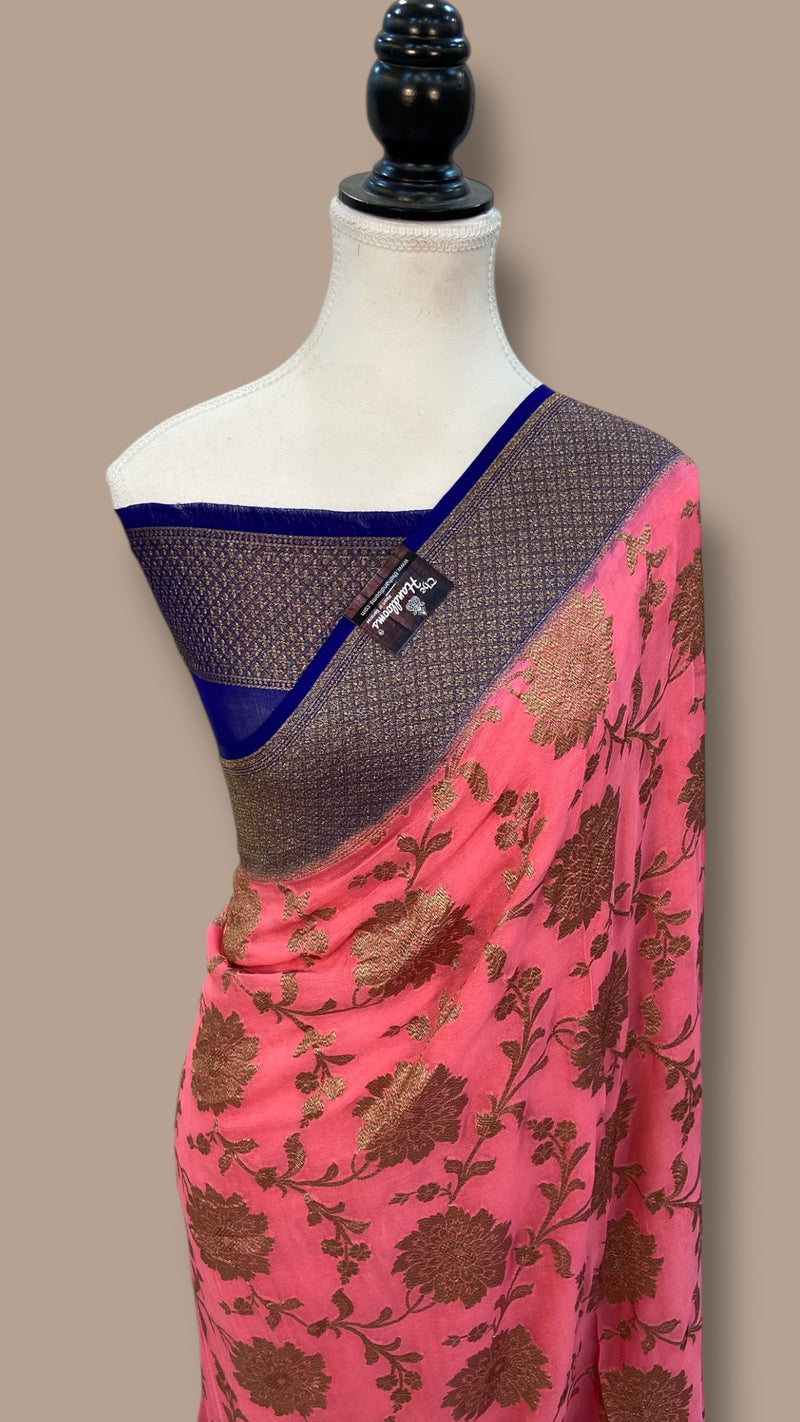 Khaddi Georgette Handloom Banarasi Saree - Antique Zari - The Handlooms