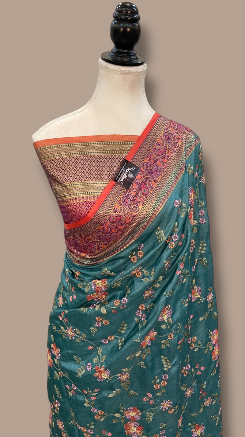 Tussar Silk Handloom Banarasi Saree With Chikankari - The Handlooms