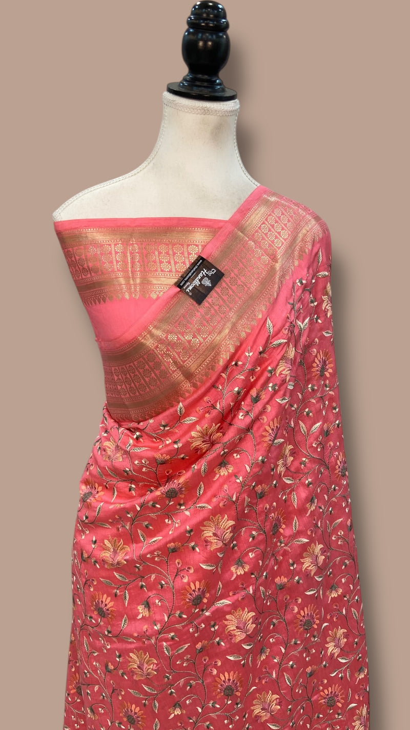 Pure Chiniya Silk Handloom Banarasi Saree with Chikankari - The Handlooms