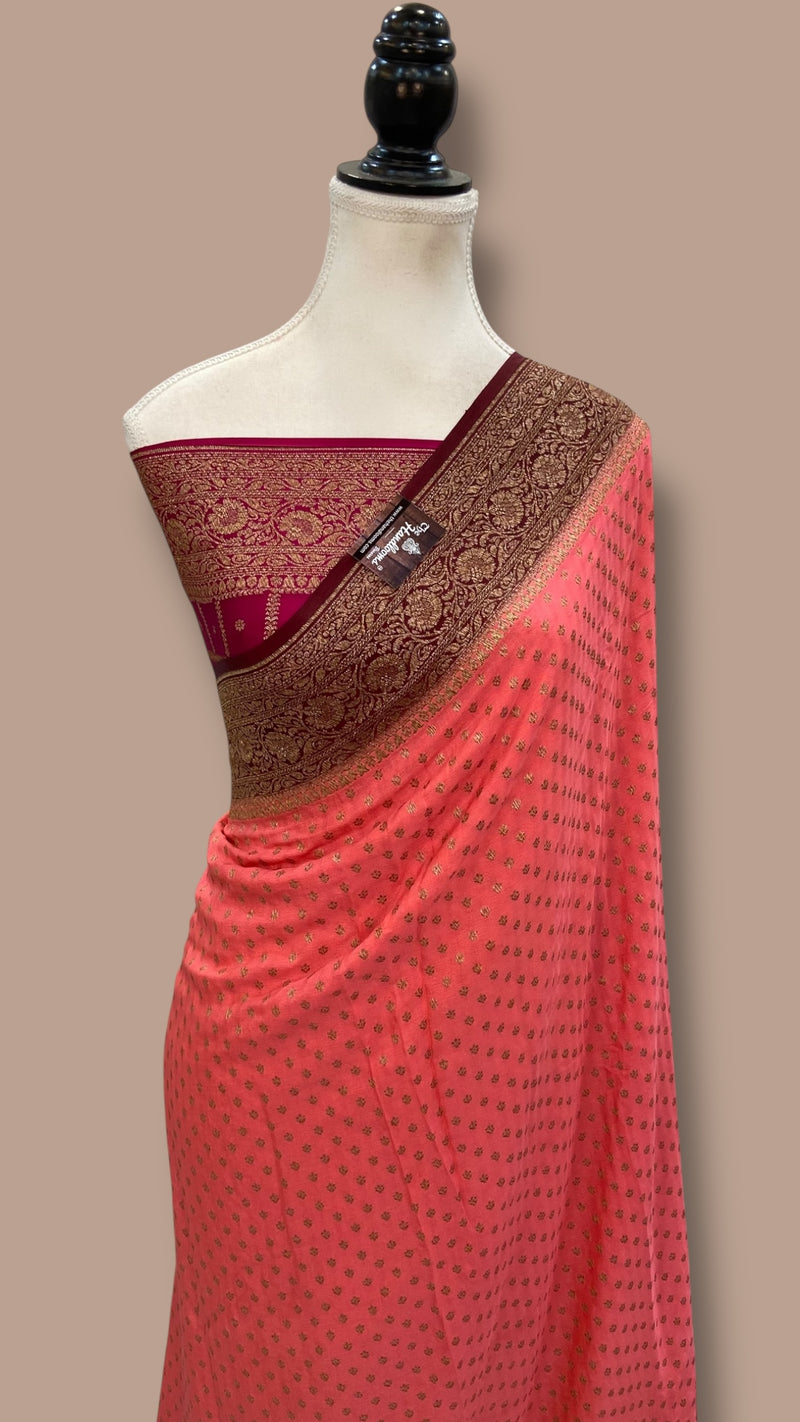 Coral Pink Pure Khaddi Crepe Georgette Handloom Banarasi Saree - The Handlooms