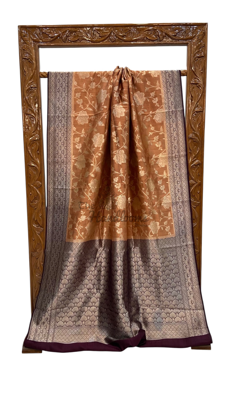 Copper Rust With Coffee Bean Pure Chiniya Silk Khaddi Handloom Banarasi Saree - The Handlooms