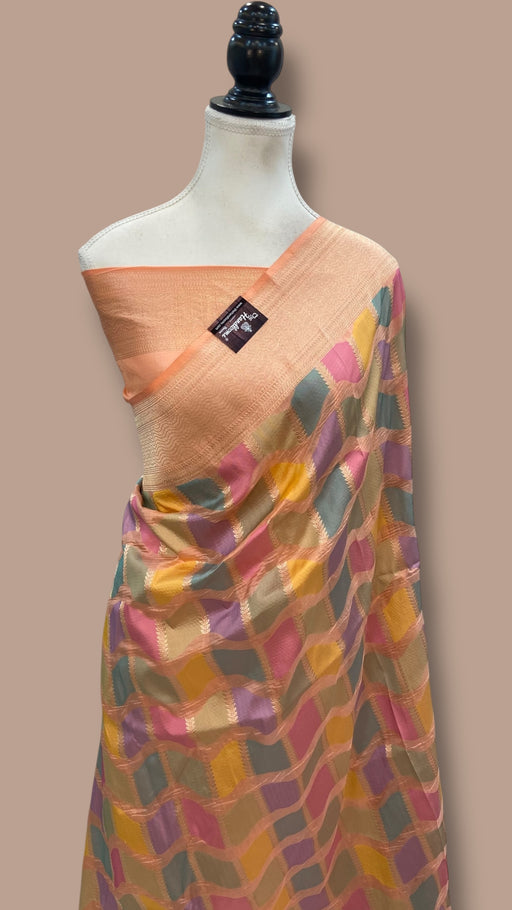 Multicolor Pure Katan Silk Banarasi Handloom Saree - All over Jaal Work With Rangkart - The Handlooms