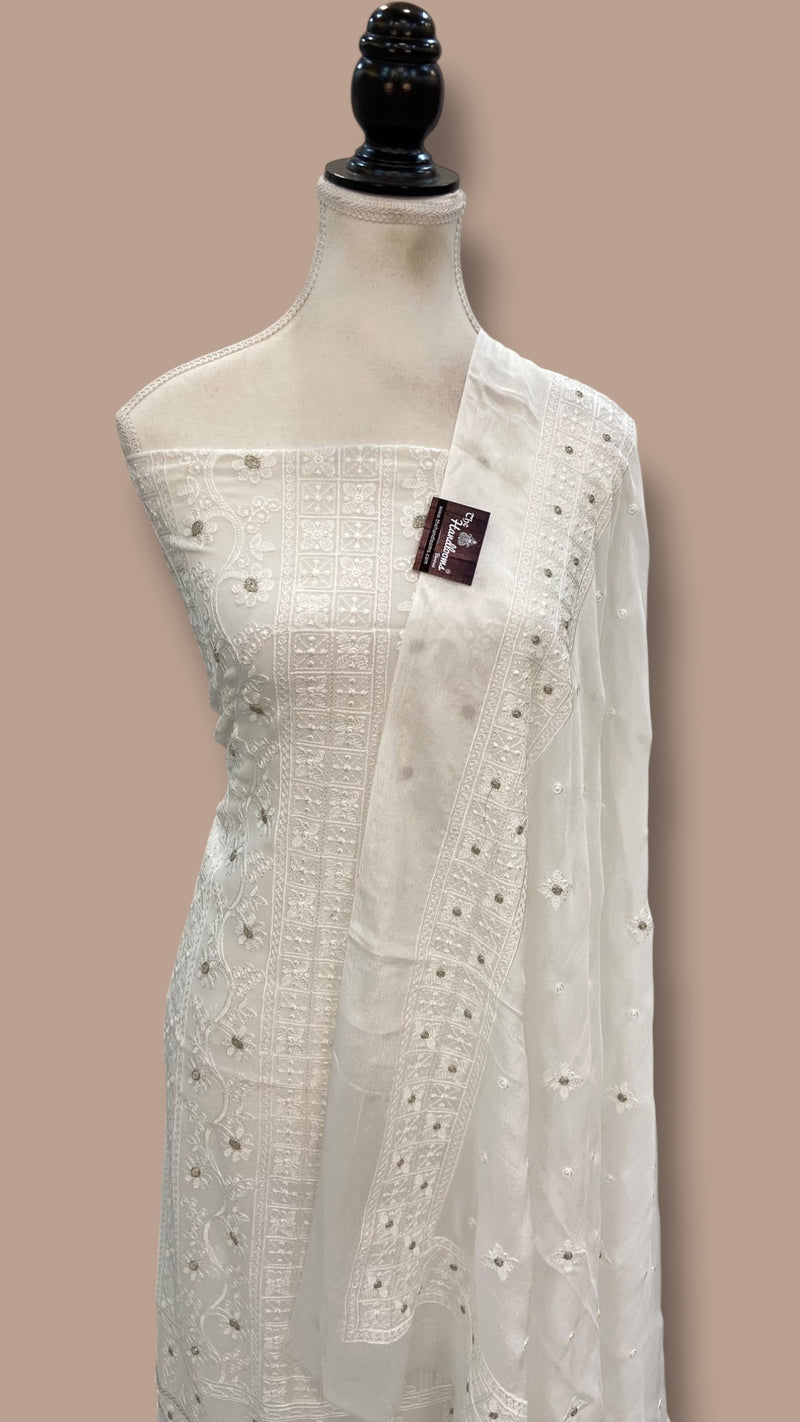 Pure Georgette Banarasi Chikankari Dress Material - The Handlooms