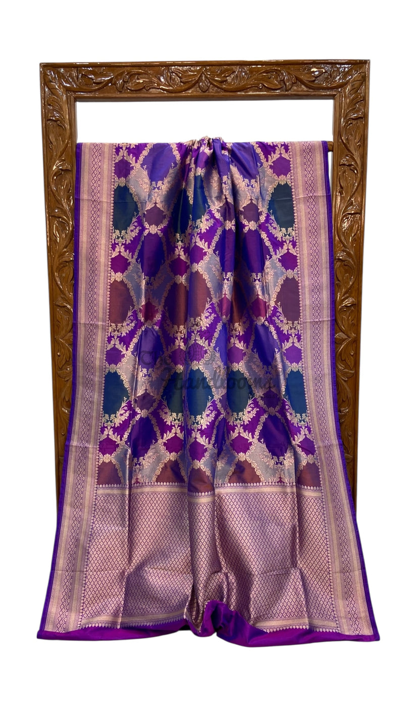 Multicolor Pure Katan Silk Banarasi Handloom Saree - All over Jaal Work With Rangkart - The Handlooms