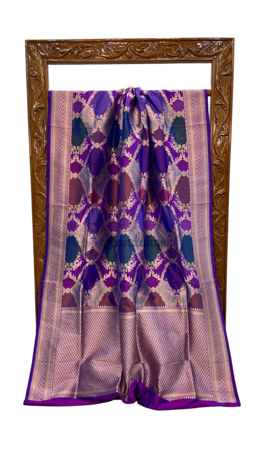 Multicolor Pure Katan Silk Banarasi Handloom Saree - All over Jaal Work With Rangkart - The Handlooms