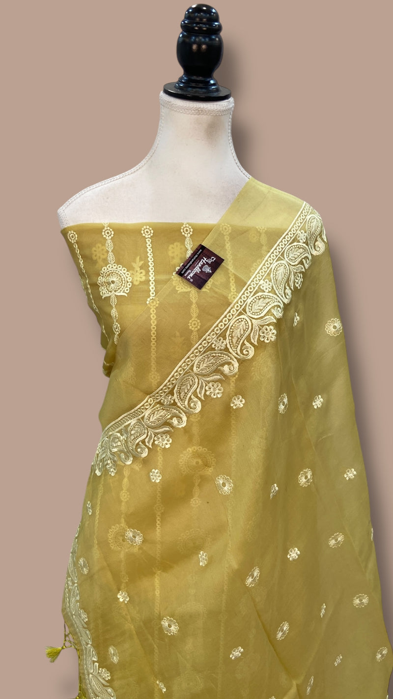 Pure Organza Chikankari Handloom Banarasi Dress Material - The Handlooms