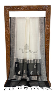 White With Black Pure Georgette Banarasi Handloom Saree - The Handlooms