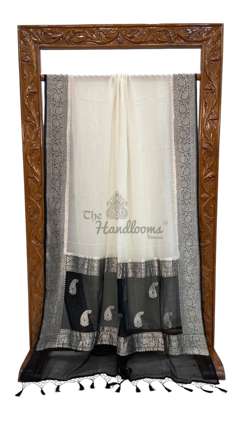 White With Black Pure Georgette Banarasi Handloom Saree - The Handlooms