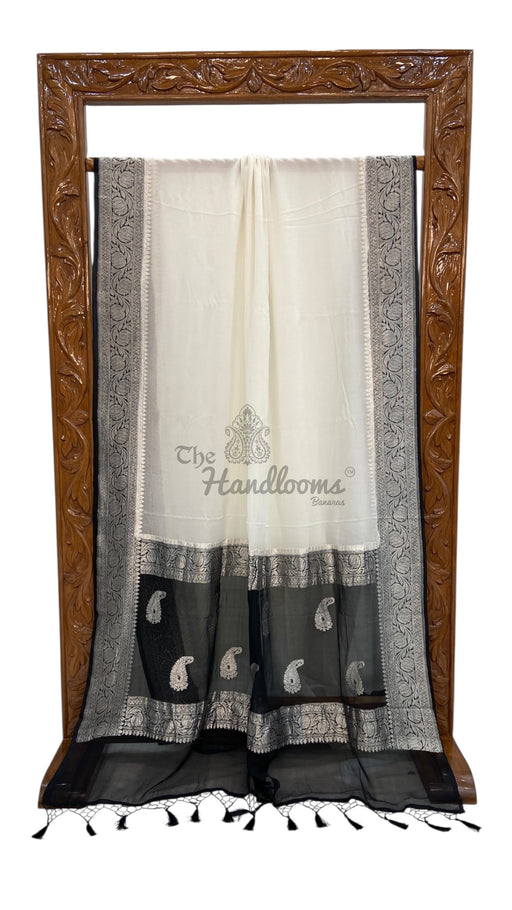 White With Black Pure Georgette Banarasi Handloom Saree - The Handlooms