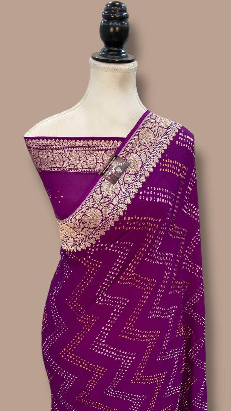 Pure Georgette Banarasi Bandhej Handloom Saree - Water Zari - The Handlooms