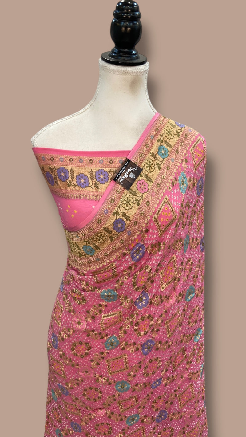 Pure Georgette Banarasi Bandhej Handloom Saree - Meenakari - The Handlooms