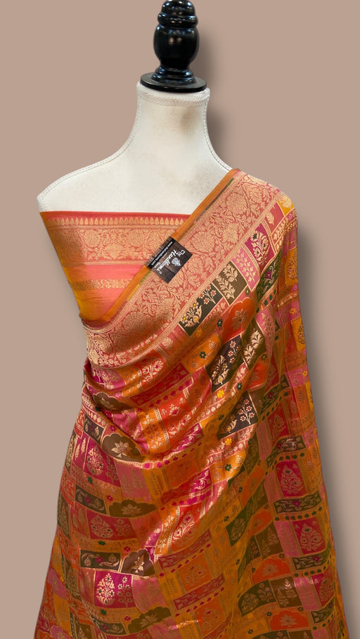 Multicolor Pure Katan Silk Banarasi Handloom Saree - All over Jaal Work With Rangkart - The Handlooms
