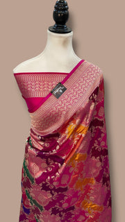 Multicolor Pure Katan Silk Banarasi Handloom Saree - All over Jaal Work With Rangkart - The Handlooms