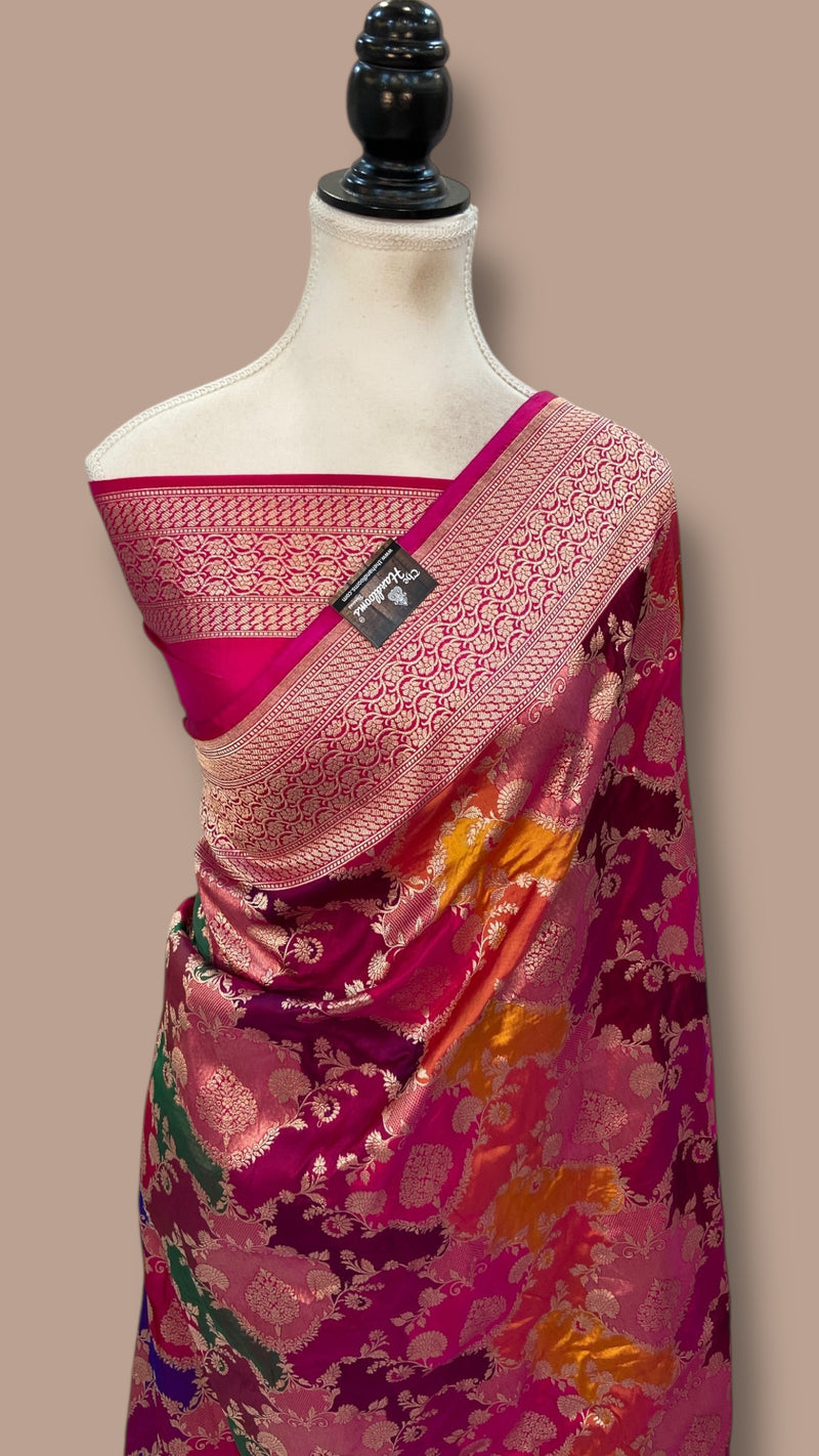 Multicolor Pure Katan Silk Banarasi Handloom Saree - All over Jaal Work With Rangkart - The Handlooms