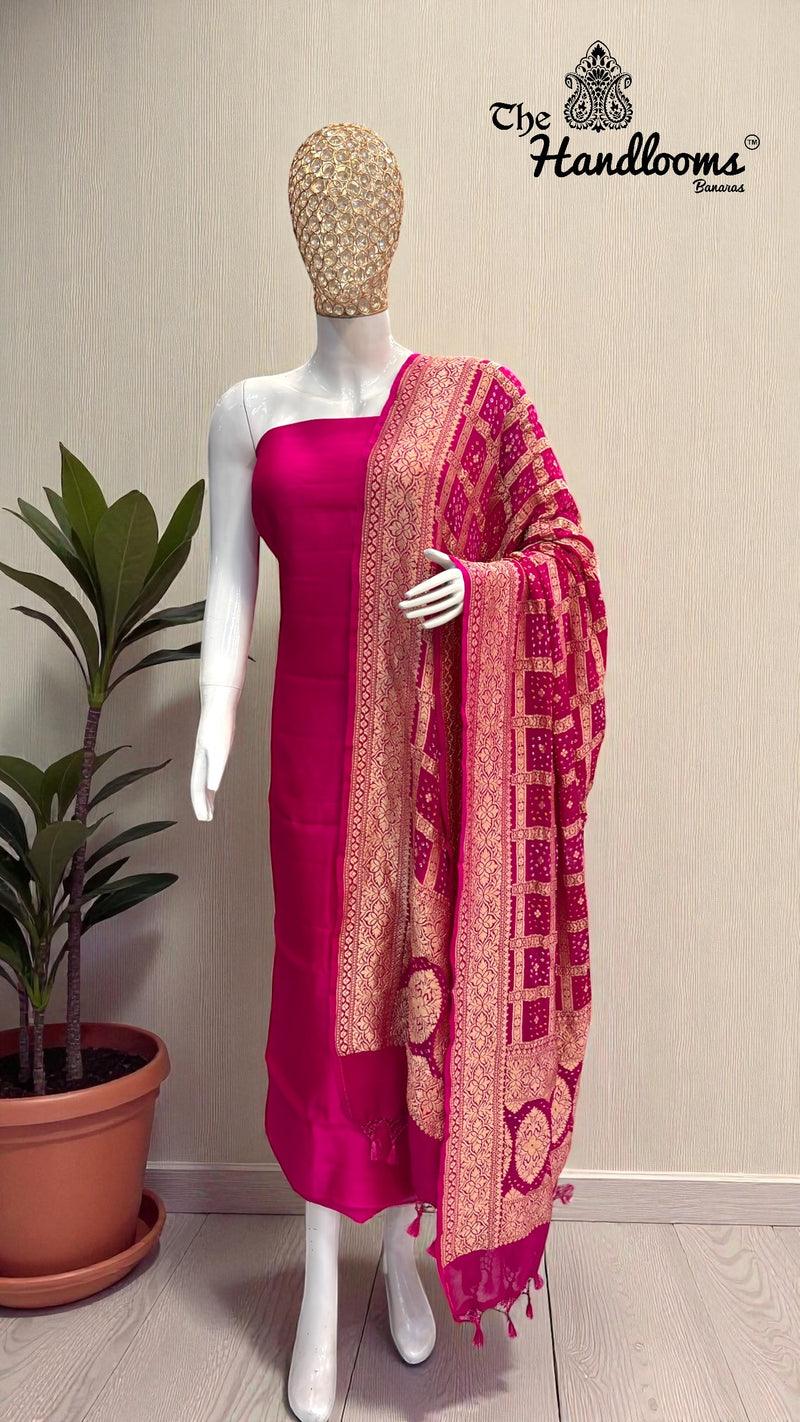 Chiniya Silk Suit With Khaddi Georgette Bandhej Dupatta - The Handlooms