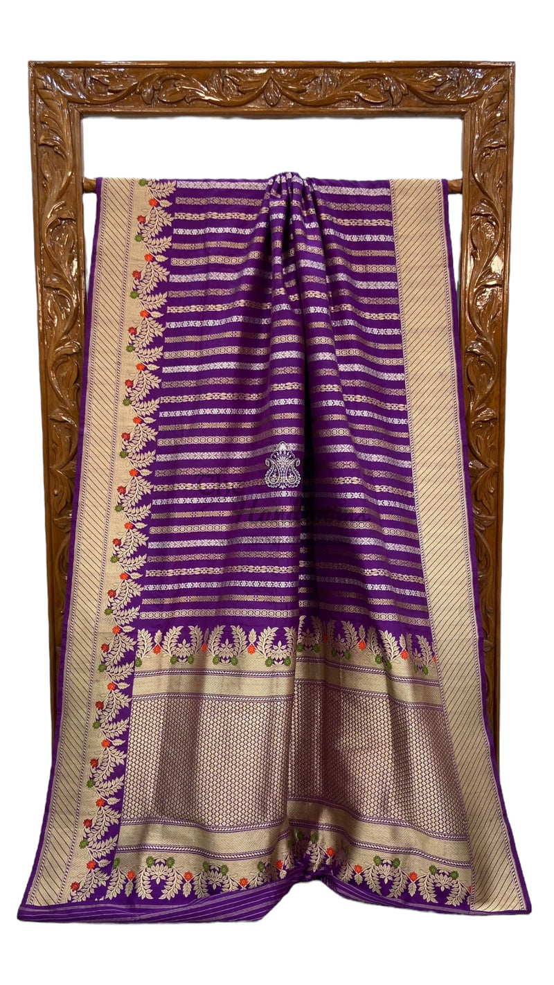 Pure Katan Silk Banarasi Handloom Saree - All over soona roopa  Kadua stripe - The Handlooms