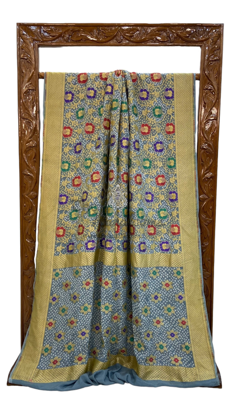 Pure Georgette Banarasi Bandhej Handloom Saree - with meenakari work - The Handlooms