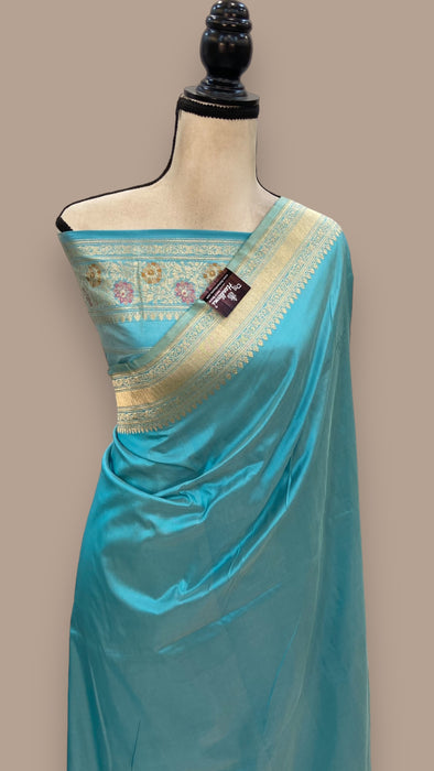 Pure Katan Silk Banarasi Handloom Saree - Plain With Meena Border