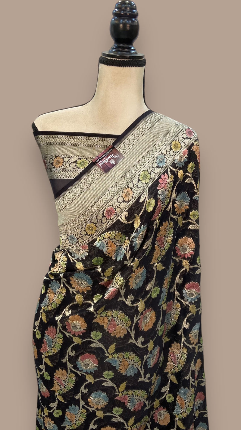 Black Khaddi Georgette Handloom Banarasi Saree - The Handlooms