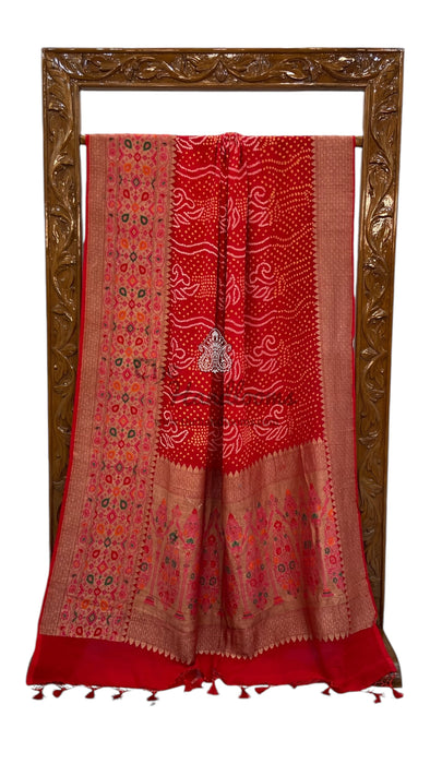 Red Pure Georgette Banarasi Bandhej Handloom Saree - with paithani meenakari work