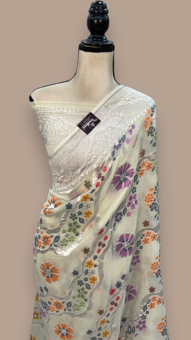 Pure Khaddi Georgette Handloom Banarasi Saree - All over Jaal Work With Meenakari