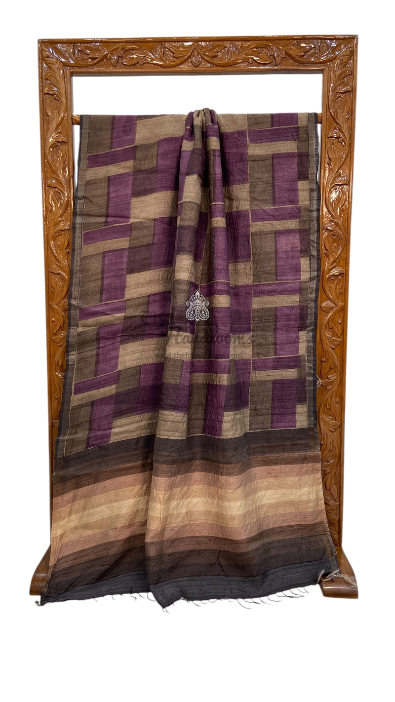 Pure Tussar Silk Handloom Banarasi Saree With Handprints - The Handlooms