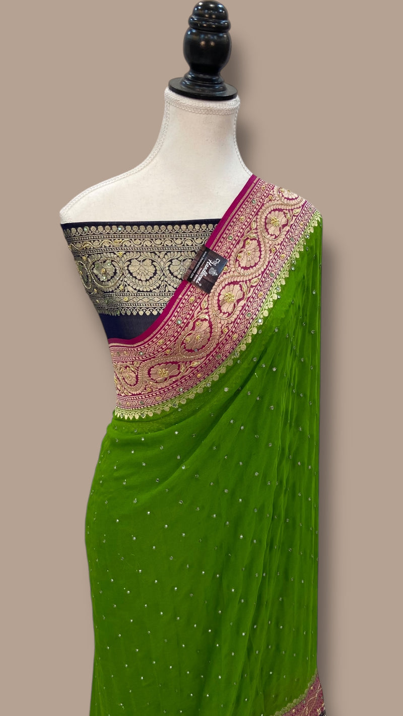 Khaddi Georgette Handloom Banarasi Saree with Handwork: Gota Patti, Zardozi, Diamond Chain, Katdana, and Abla Detailing - The Handlooms