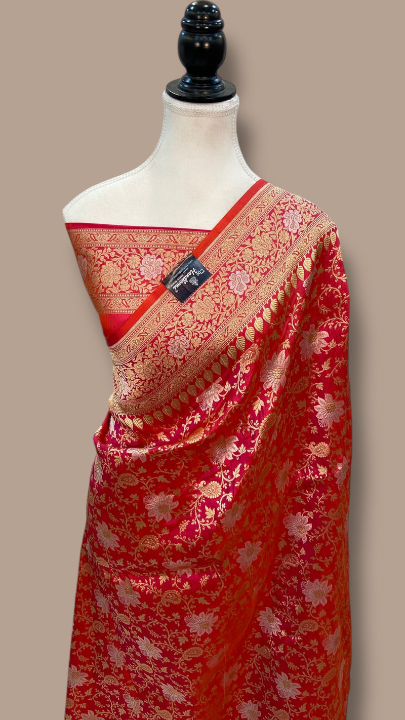 Pure Katan Silk Banarasi Handloom Saree - All over Sona Roopa Jaal Work - The Handlooms