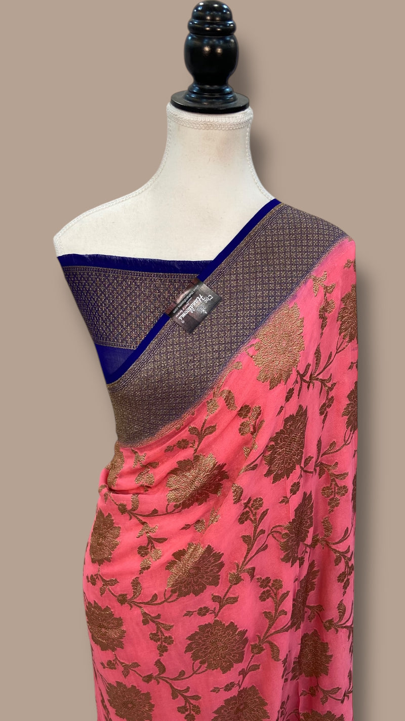 Khaddi Georgette Handloom Banarasi Saree - Antique Zari - The Handlooms