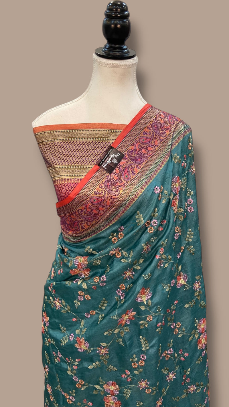 Tussar Silk Handloom Banarasi Saree With Chikankari - The Handlooms
