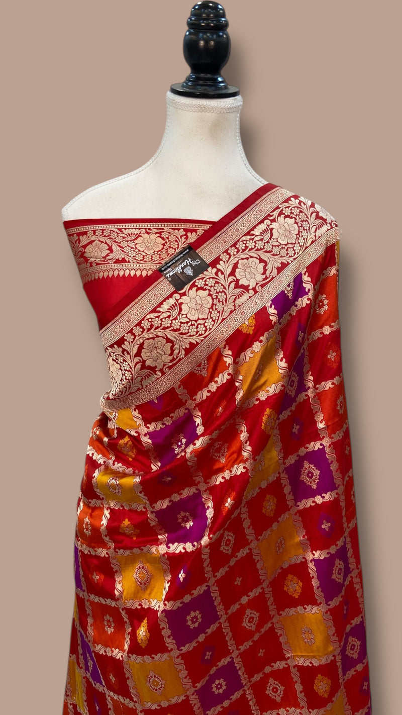 Pure Katan Silk Banarasi Handloom Saree - All over Jaal Work With Rangkart - The Handlooms
