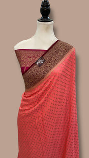 Coral Pink Pure Khaddi Crepe Georgette Handloom Banarasi Saree - The Handlooms