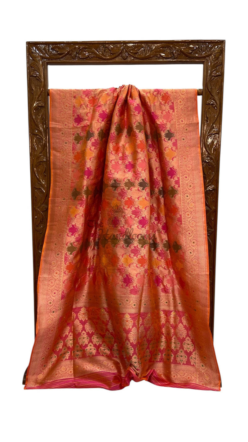 Multicolor Pure Katan Silk Banarasi Handloom Saree - All over Jaal Work With Rangkart - The Handlooms