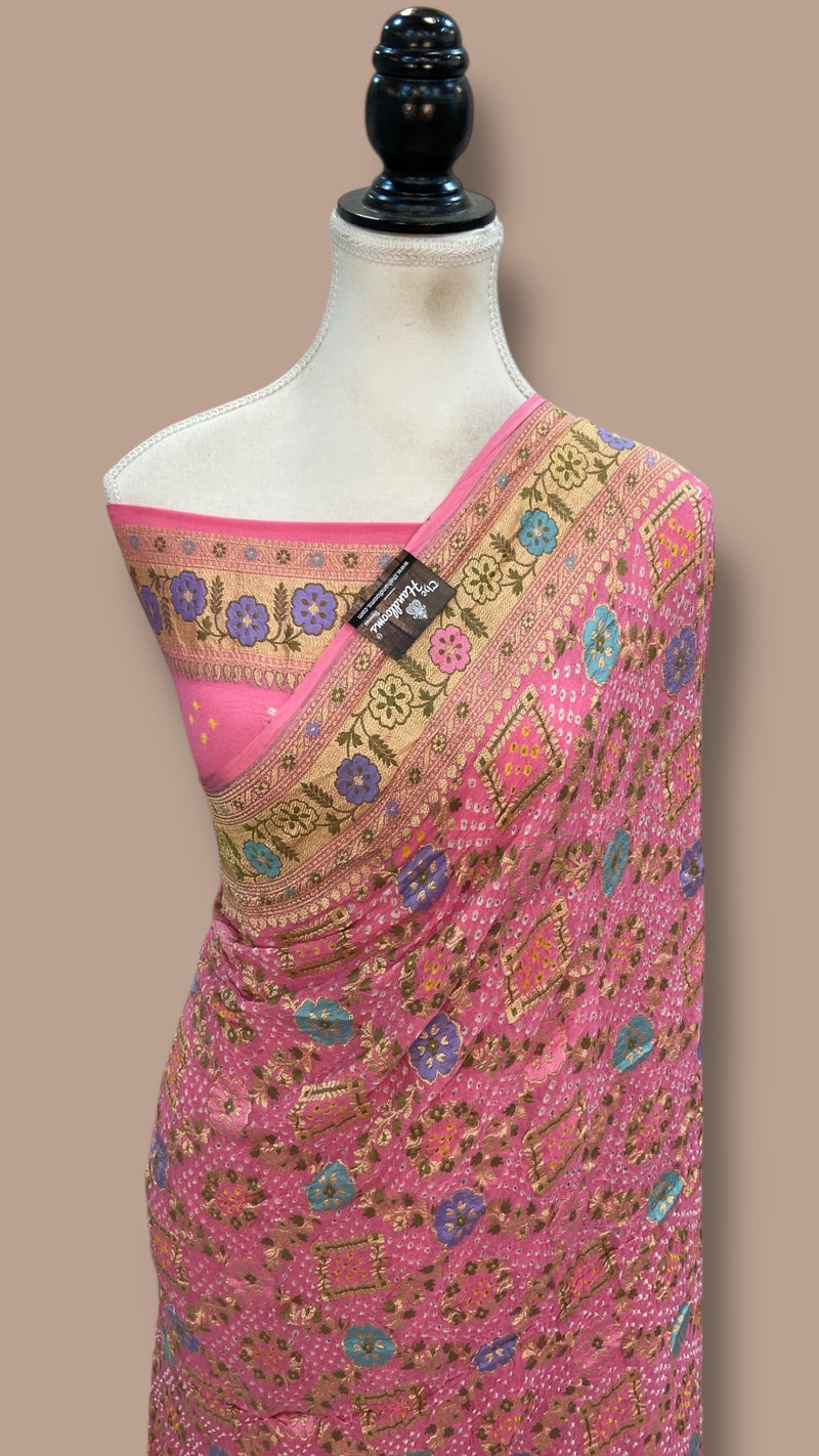 Pure Georgette Banarasi Bandhej Handloom Saree - Meenakari - The Handlooms