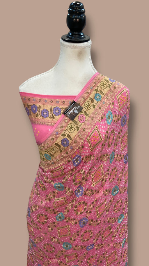 Pure Georgette Banarasi Bandhej Handloom Saree - Meenakari - The Handlooms