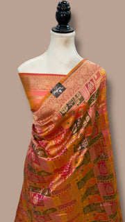 Multicolor Pure Katan Silk Banarasi Handloom Saree - All over Jaal Work With Rangkart - The Handlooms