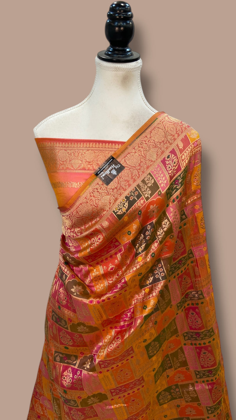 Multicolor Pure Katan Silk Banarasi Handloom Saree - All over Jaal Work With Rangkart - The Handlooms