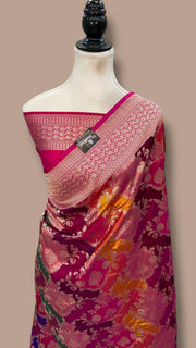 Multicolor Pure Katan Silk Banarasi Handloom Saree - All over Jaal Work With Rangkart - The Handlooms
