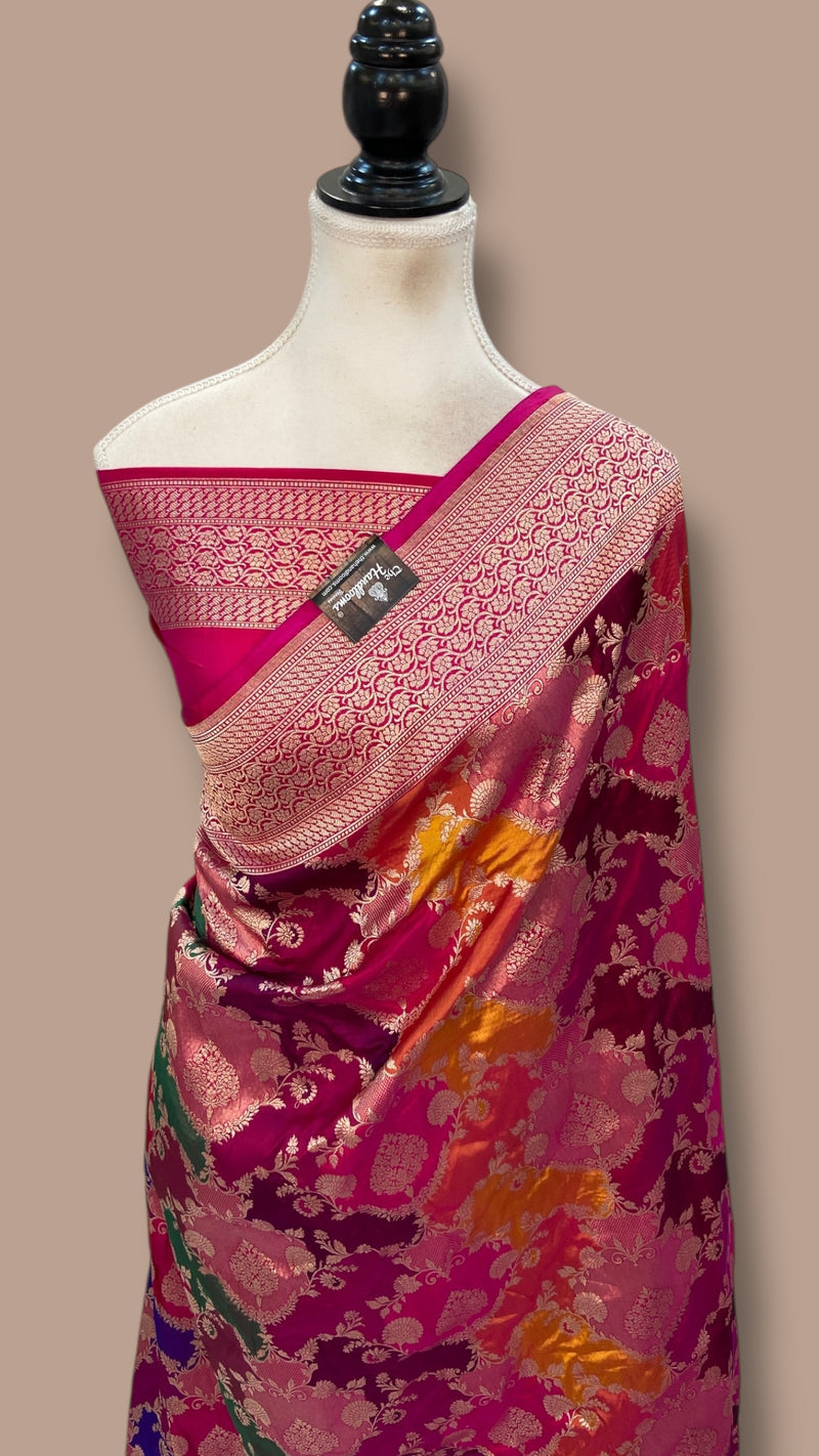 Multicolor Pure Katan Silk Banarasi Handloom Saree - All over Jaal Work With Rangkart - The Handlooms