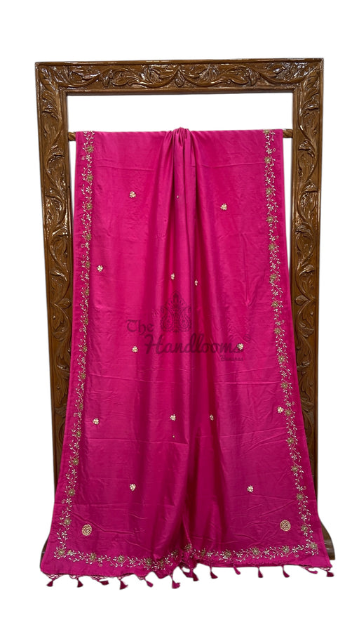 Pure Katan Chiniya Silk Handloom Banarasi Saree with Handwork - The Handlooms