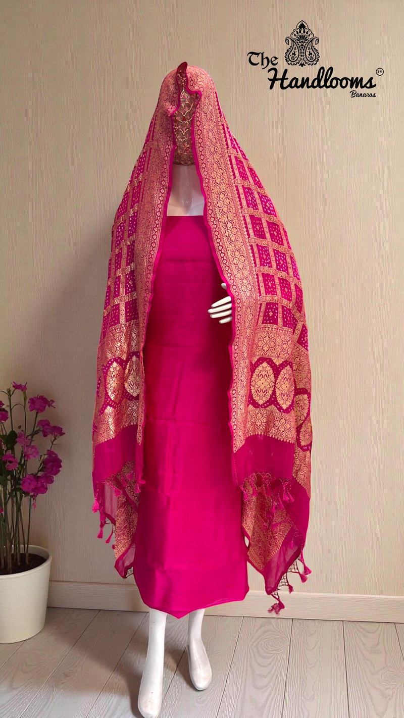 Chiniya Silk Suit With Khaddi Georgette Bandhej Dupatta - The Handlooms